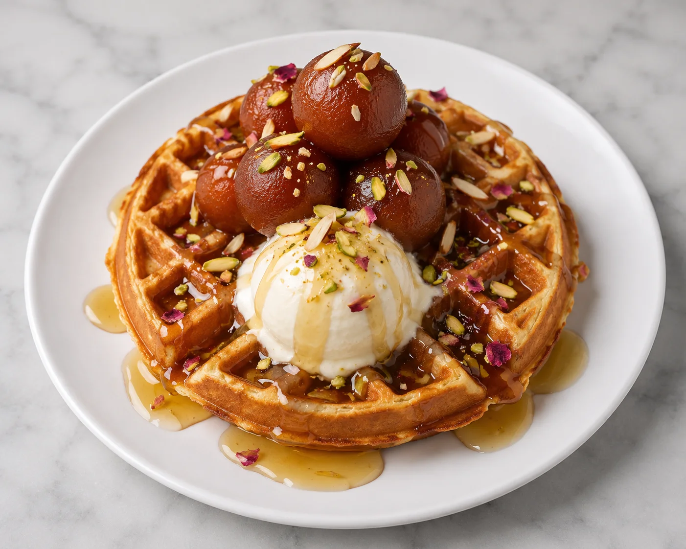 Gulab Jamun Waffle — Belgian waffle topped with syrup-infused donut holes and whipped cream at Sunny Side Up Sherwood Park